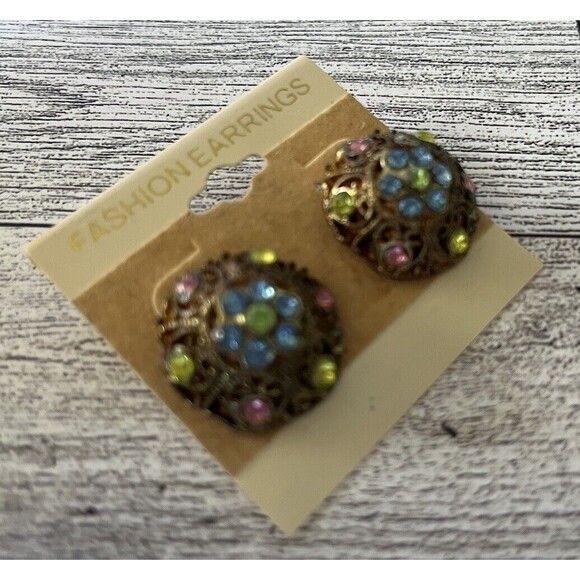 Round Button Multicolor Rhinestone Stud Fashion Earrings - Picture 3 of 4